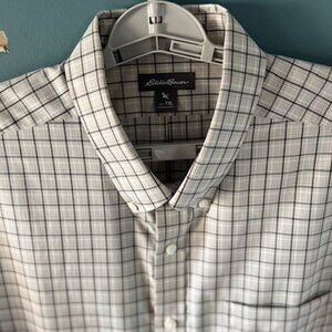 Eddie Bauer Shirt XLT Beige White Micro Check Plaid Heritage Preppy Short Sleeve